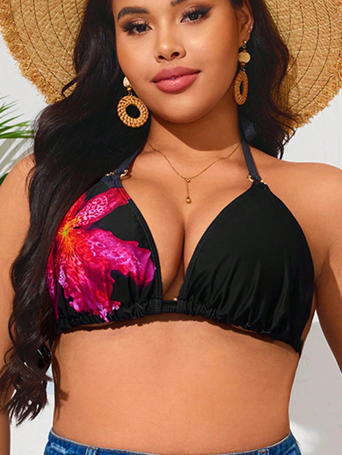 Swim Lushoire Plus Size Women Metal Accent One-Piece Swimwear Top, Multi-Color Print, Minimalist Daily/Holiday/Beach Wear For Summer