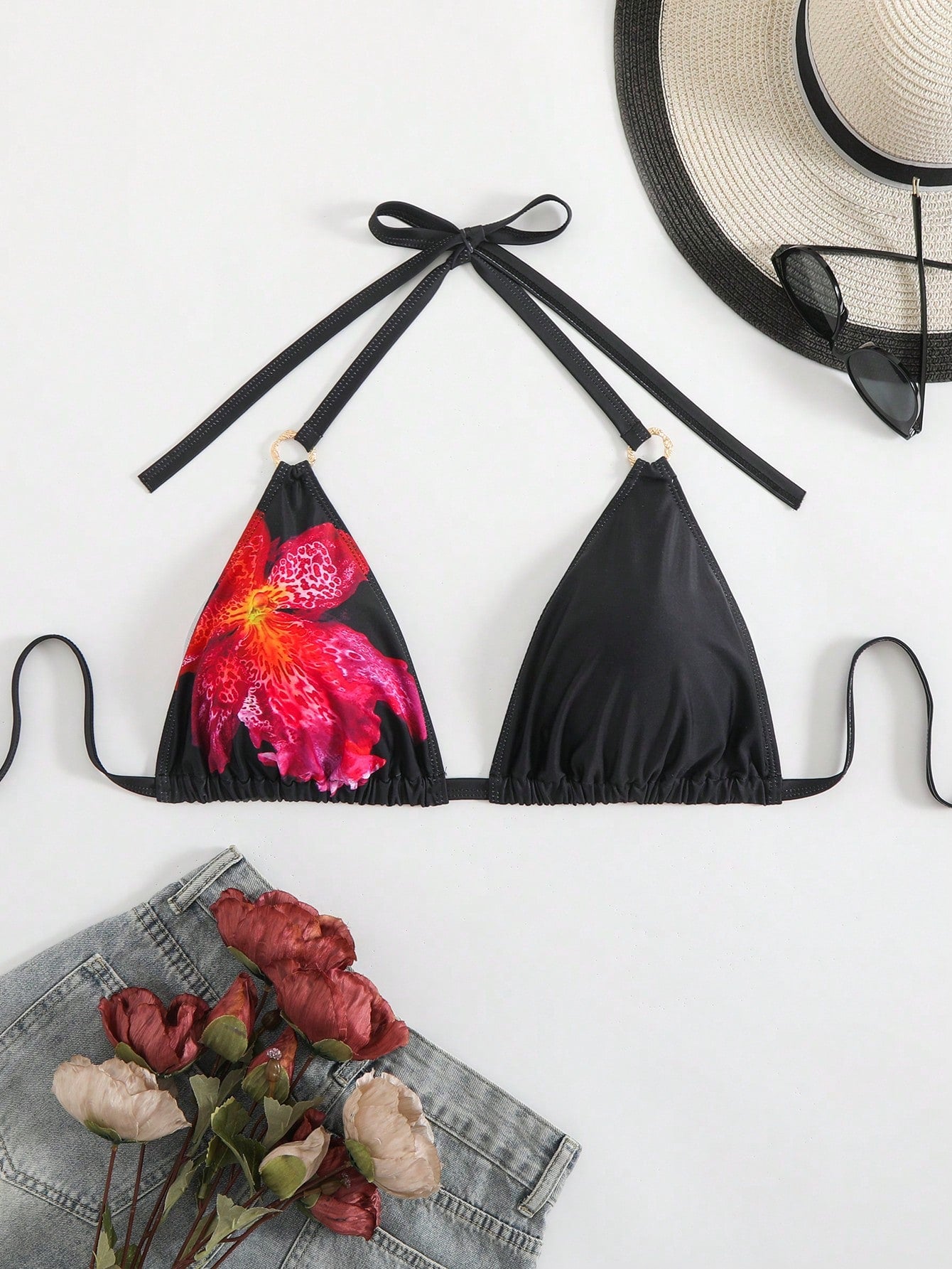 Swim Lushoire Plus Size Women Metal Accent One-Piece Swimwear Top, Multi-Color Print, Minimalist Daily/Holiday/Beach Wear For Summer