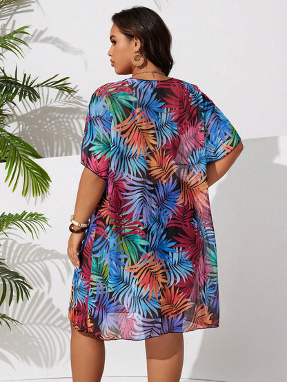 Swim Lushoire Plus Size Women Random Printed Short Sleeve Loose Casual Long Beachwear Cover-Up For Summer Beach Vacation