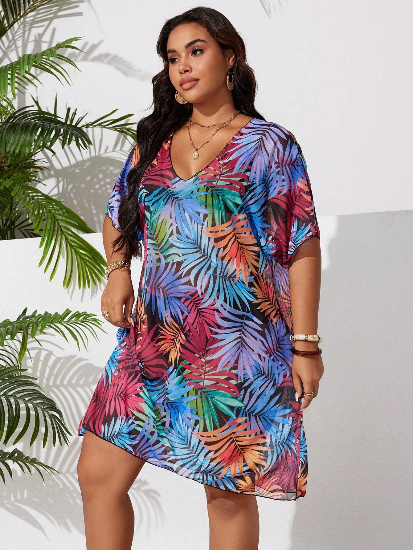 Swim Lushoire Plus Size Women Random Printed Short Sleeve Loose Casual Long Beachwear Cover-Up For Summer Beach Vacation