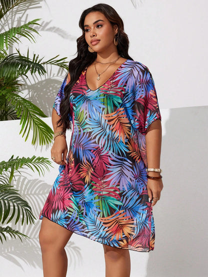 Swim Lushoire Plus Size Women Random Printed Short Sleeve Loose Casual Long Beachwear Cover-Up For Summer Beach Vacation