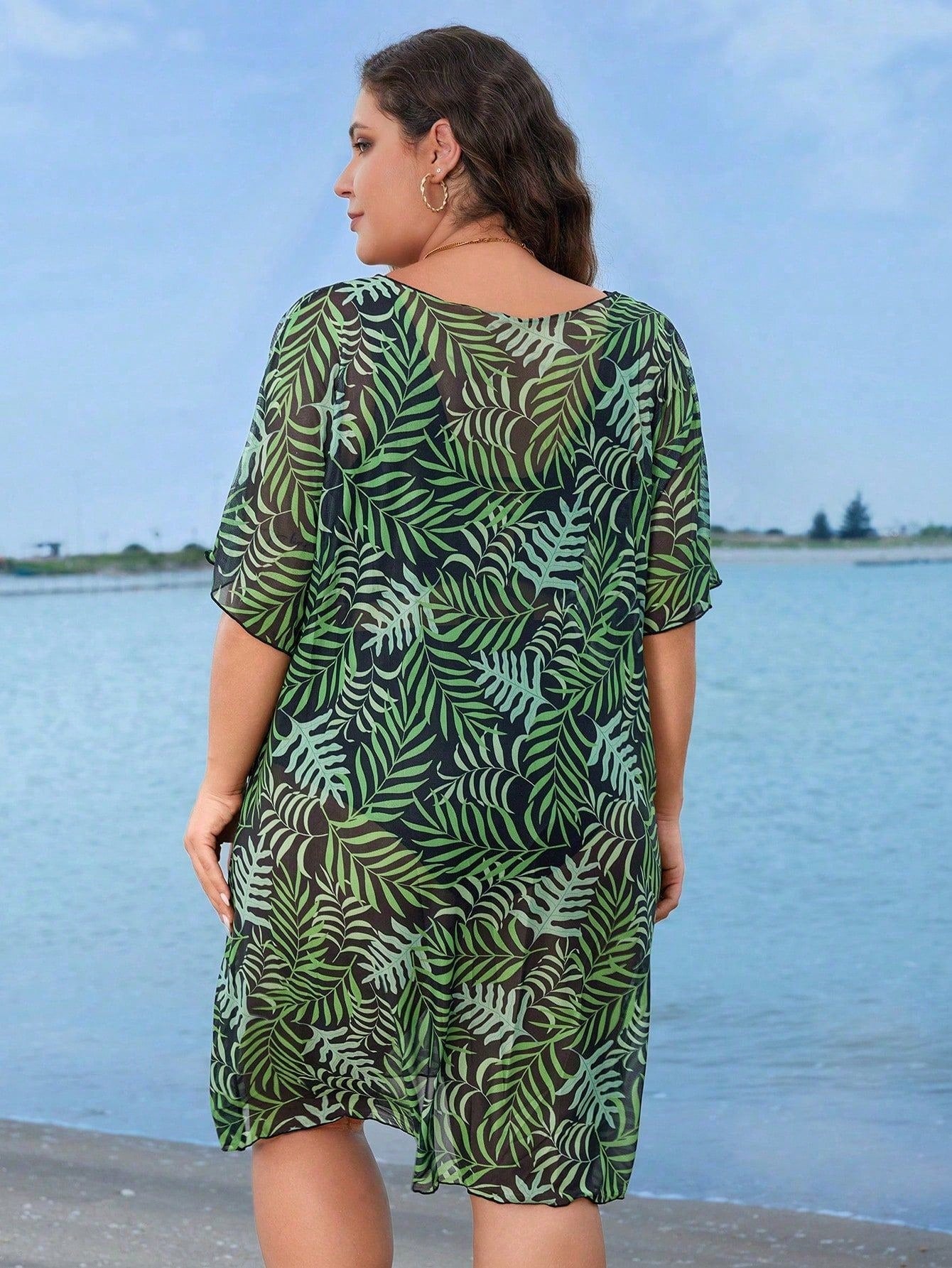 Swim Lushoire Plus Size Women Random Printed Short Sleeve Loose Casual Long Beachwear Cover-Up For Summer Beach Vacation