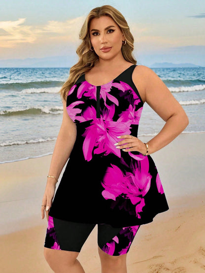 Swim Lushoire Plus Size Women's Black Floral Tankini Swimwear,Tummy Control Swim Dress With Shorts Two Pieces Set,Conservative Summer Beach Holiday Evening Formal