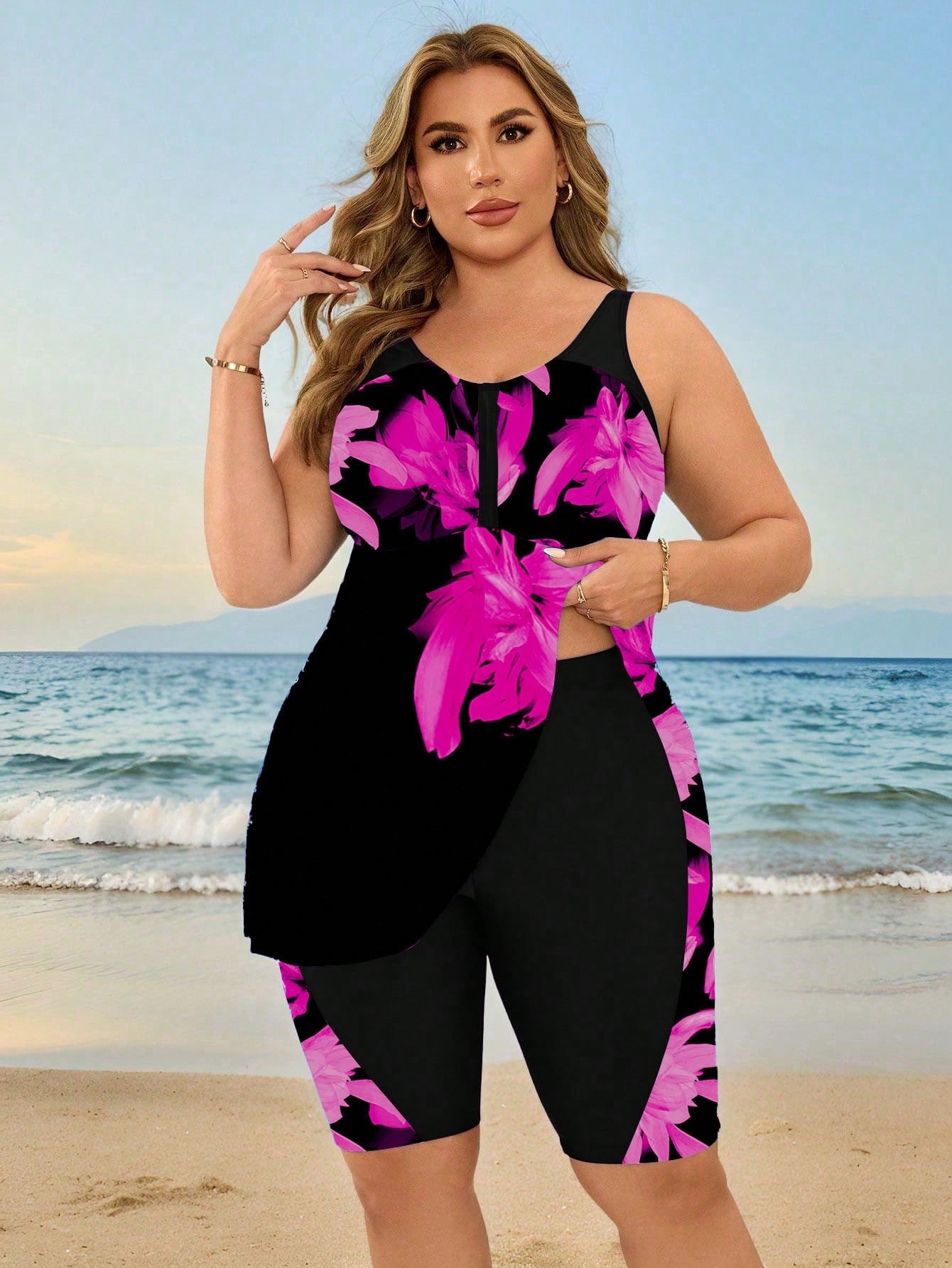 Swim Lushoire Plus Size Women's Black Floral Tankini Swimwear,Tummy Control Swim Dress With Shorts Two Pieces Set,Conservative Summer Beach Holiday Evening Formal