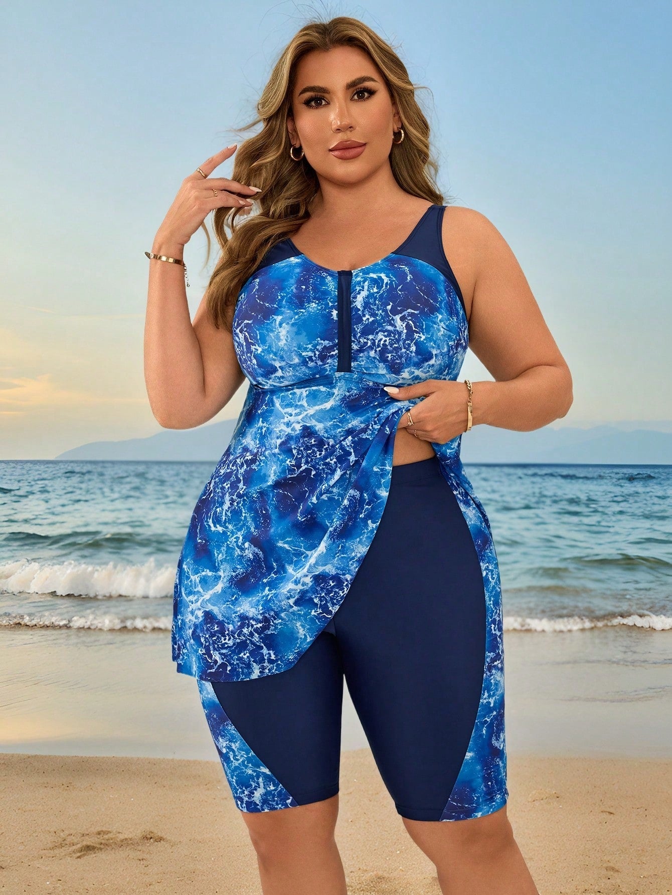 Swim Lushoire Plus Size Women's Black Floral Tankini Swimwear,Tummy Control Swim Dress With Shorts Two Pieces Set,Conservative Summer Beach Holiday Evening Formal