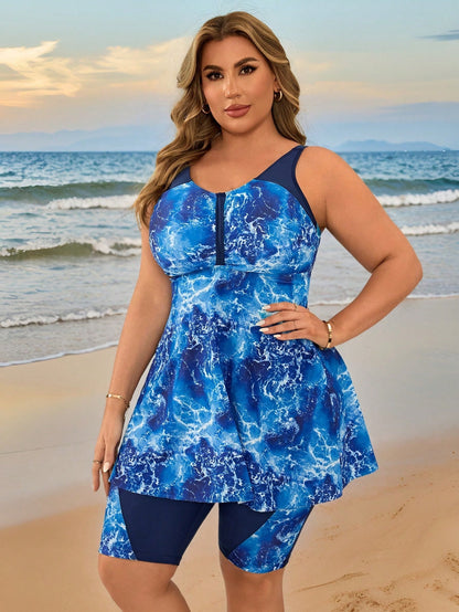 Swim Lushoire Plus Size Women's Black Floral Tankini Swimwear,Tummy Control Swim Dress With Shorts Two Pieces Set,Conservative Summer Beach Holiday Evening Formal