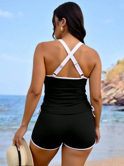 Swim Lushoire Plus Size Women's Black Summer Beach Sports Holiday Swimsuit,Contrast Color Round Neck Adjustable Strap Criss Cross Back Drawstring Waist Top