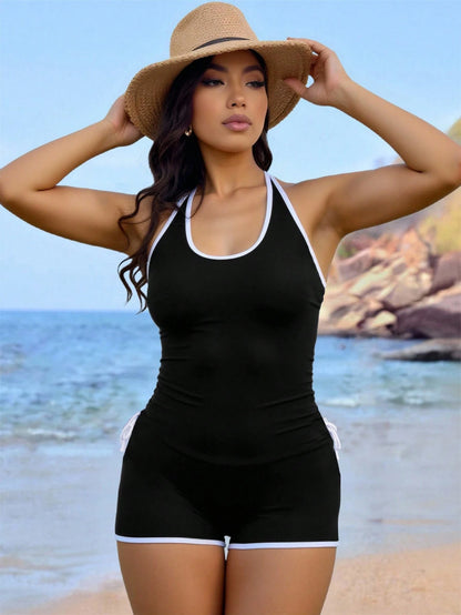 Swim Lushoire Plus Size Women's Black Summer Beach Sports Holiday Swimsuit,Contrast Color Round Neck Adjustable Strap Criss Cross Back Drawstring Waist Top