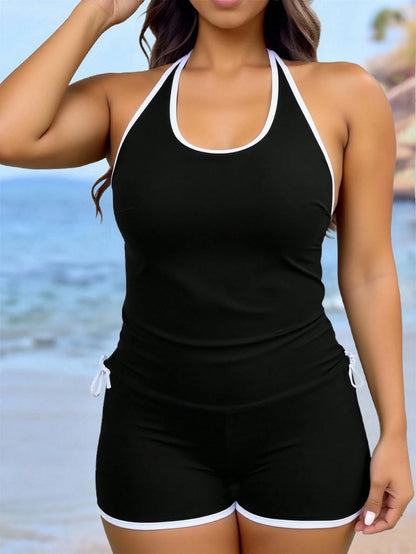 Swim Lushoire Plus Size Women's Black Summer Beach Sports Holiday Swimsuit,Contrast Color Round Neck Adjustable Strap Criss Cross Back Drawstring Waist Top