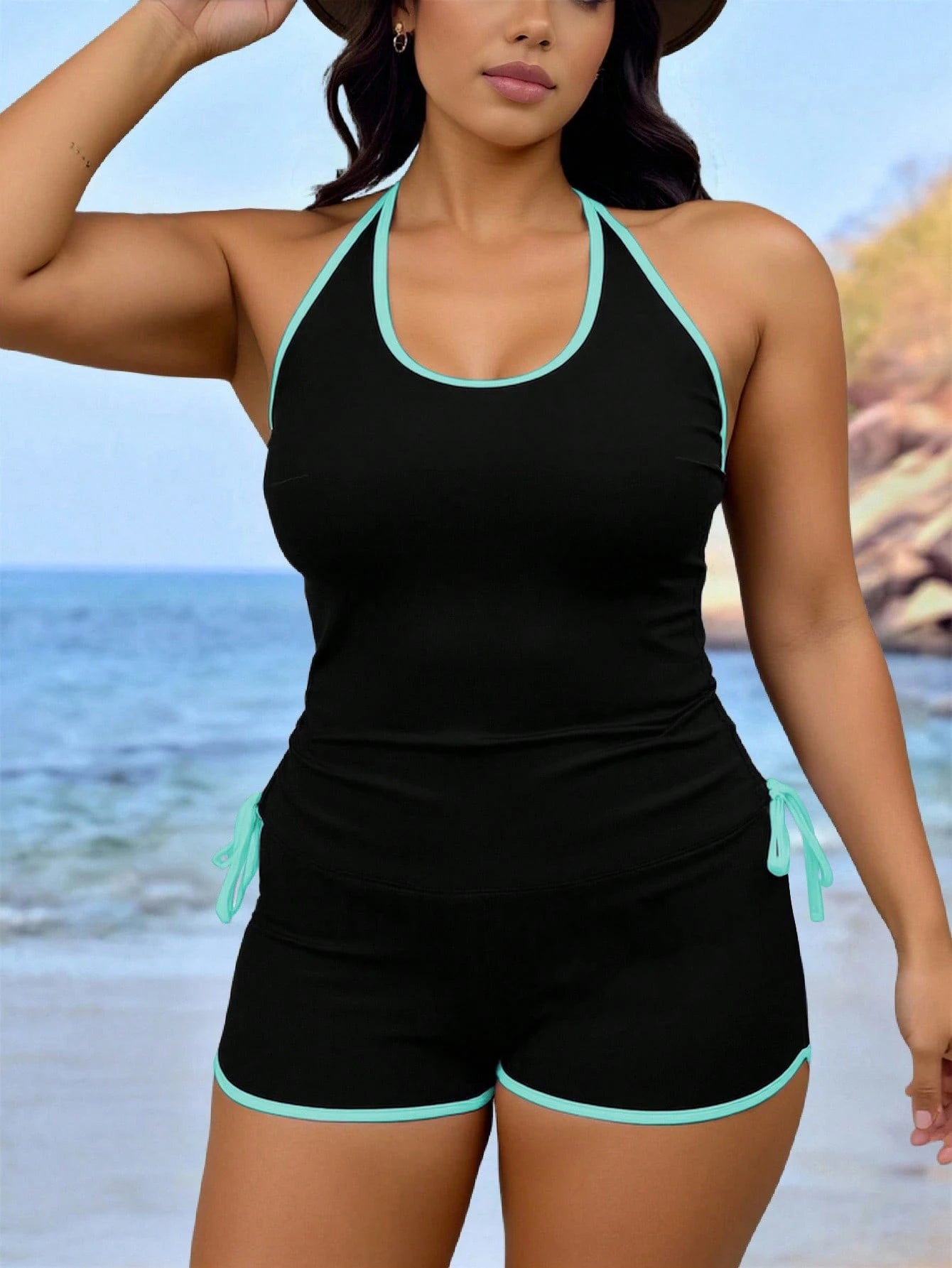 Swim Lushoire Plus Size Women's Black Summer Beach Sports Holiday Swimsuit,Contrast Color Round Neck Adjustable Strap Criss Cross Back Drawstring Waist Top