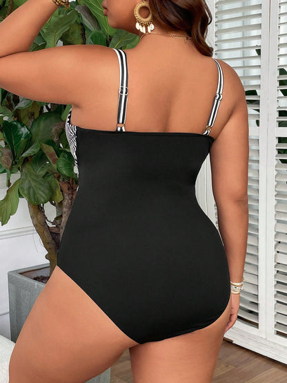 Swim Lushoire Plus Size Women's One-Piece Ribbed Underwire Swimsuit,Ruched Crossover Front Padded Black And White Plaid,Summer,Tropical,Beach,Holiday Supportive