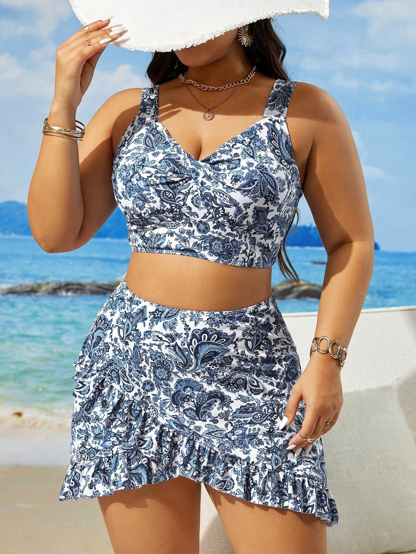 Swim Lushoire Plus Size Women's Random Printed Simple Daily Tankini Summer