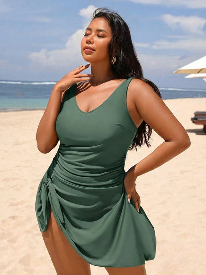 Swim Lushoire Plus Size Women's Solid Color One-Piece Swim Dress, Suitable For Beach Vacation, Pool Party, Beach Party