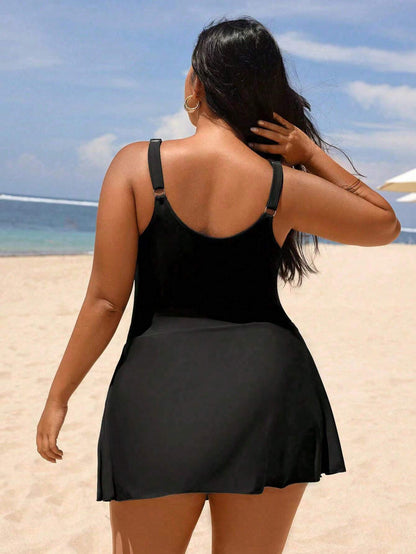 Swim Lushoire Plus Size Women's Solid Color One-Piece Swim Dress, Suitable For Beach Vacation, Pool Party, Beach Party