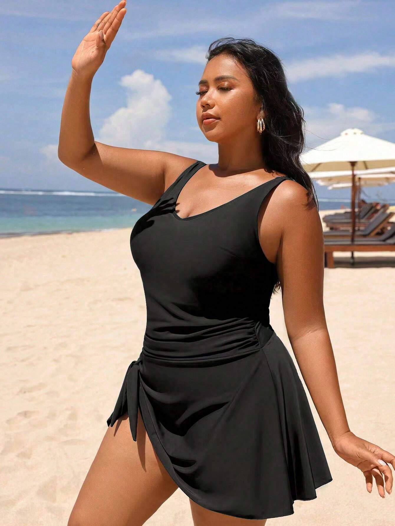 Swim Lushoire Plus Size Women's Solid Color One-Piece Swim Dress, Suitable For Beach Vacation, Pool Party, Beach Party