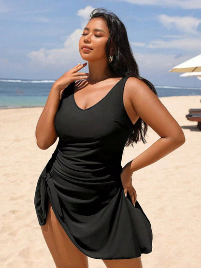 Swim Lushoire Plus Size Women's Solid Color One-Piece Swim Dress, Suitable For Beach Vacation, Pool Party, Beach Party