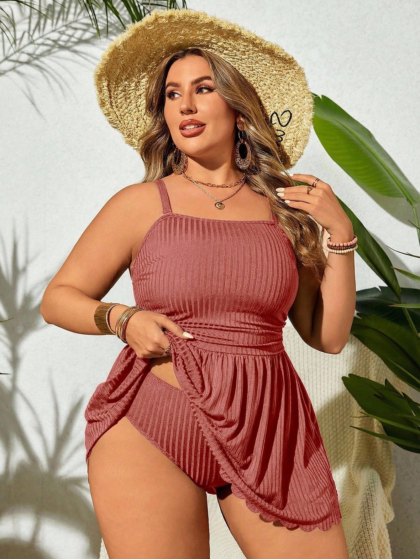 Swim Lushoire Plus Size Women's Solid Color Ruched Camisole Top And Triangle Bottoms Bikini Swimsuit Set
