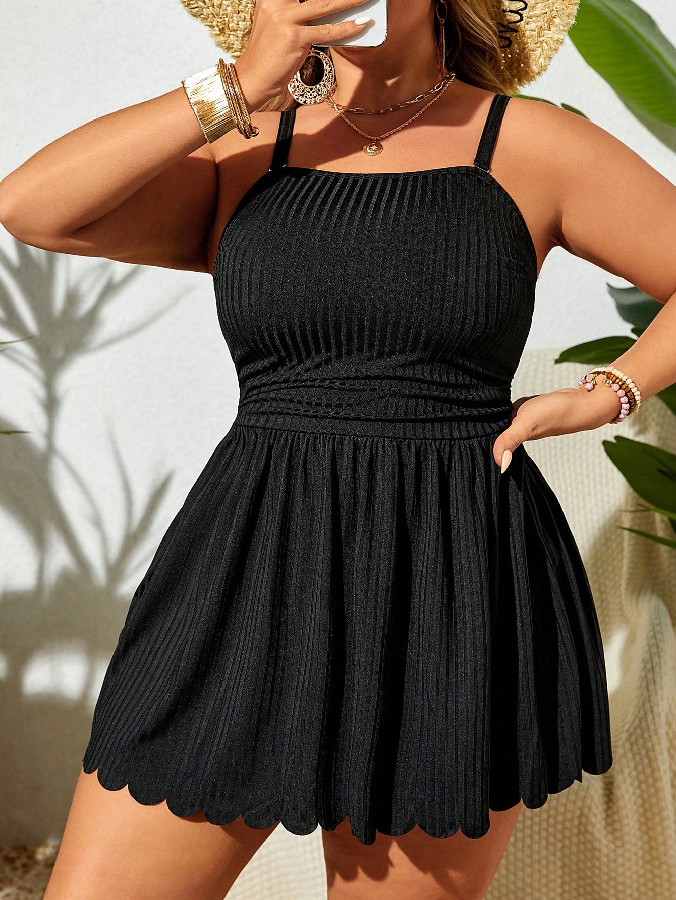 Swim Lushoire Plus Size Women's Solid Color Ruched Camisole Top And Triangle Bottoms Bikini Swimsuit Set