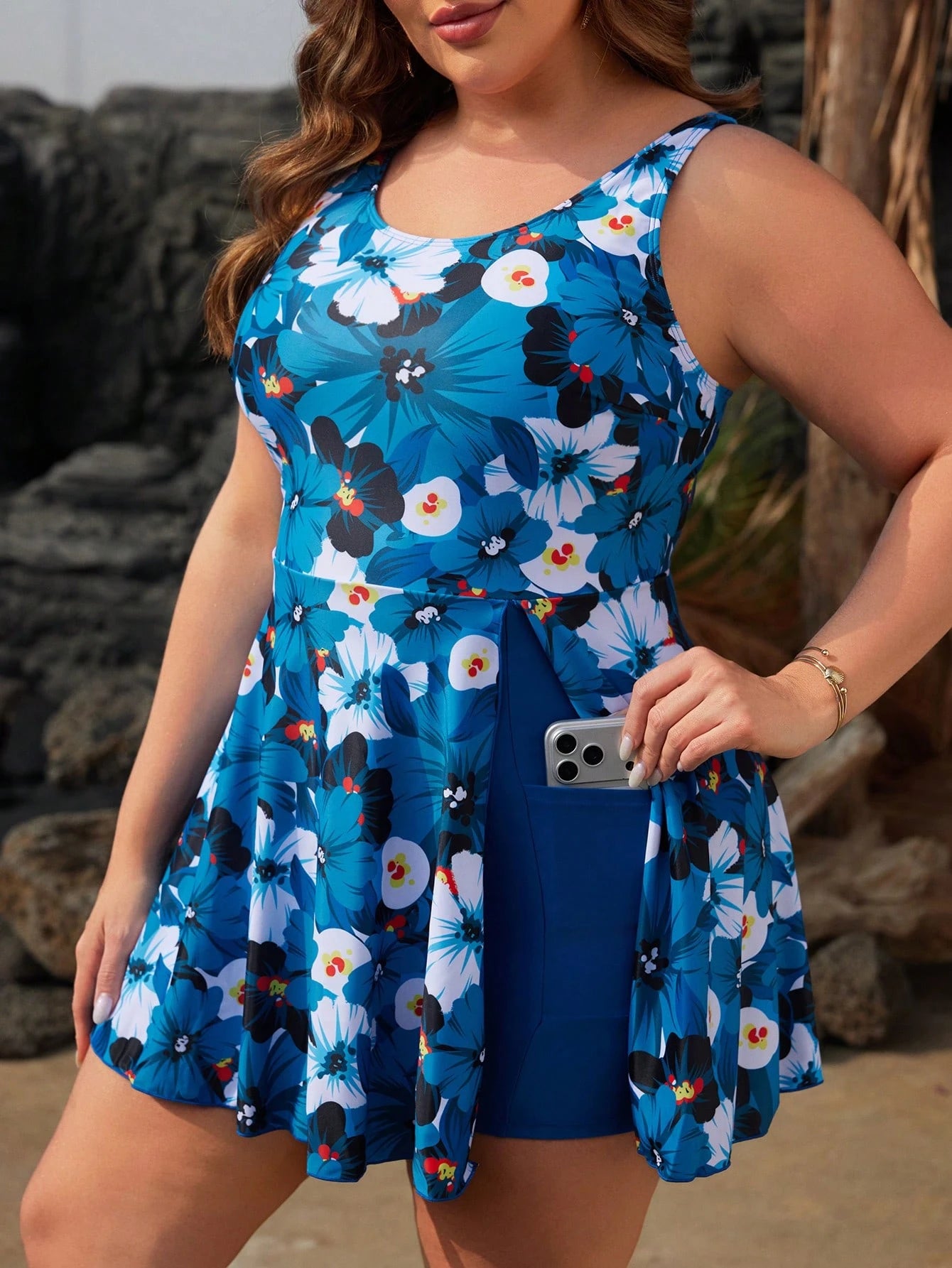 Swim Lushoire Plus Size Women's Summer Beach Beach Vacation Casual Boho Floral Print One-Piece Swimdress Light Blue