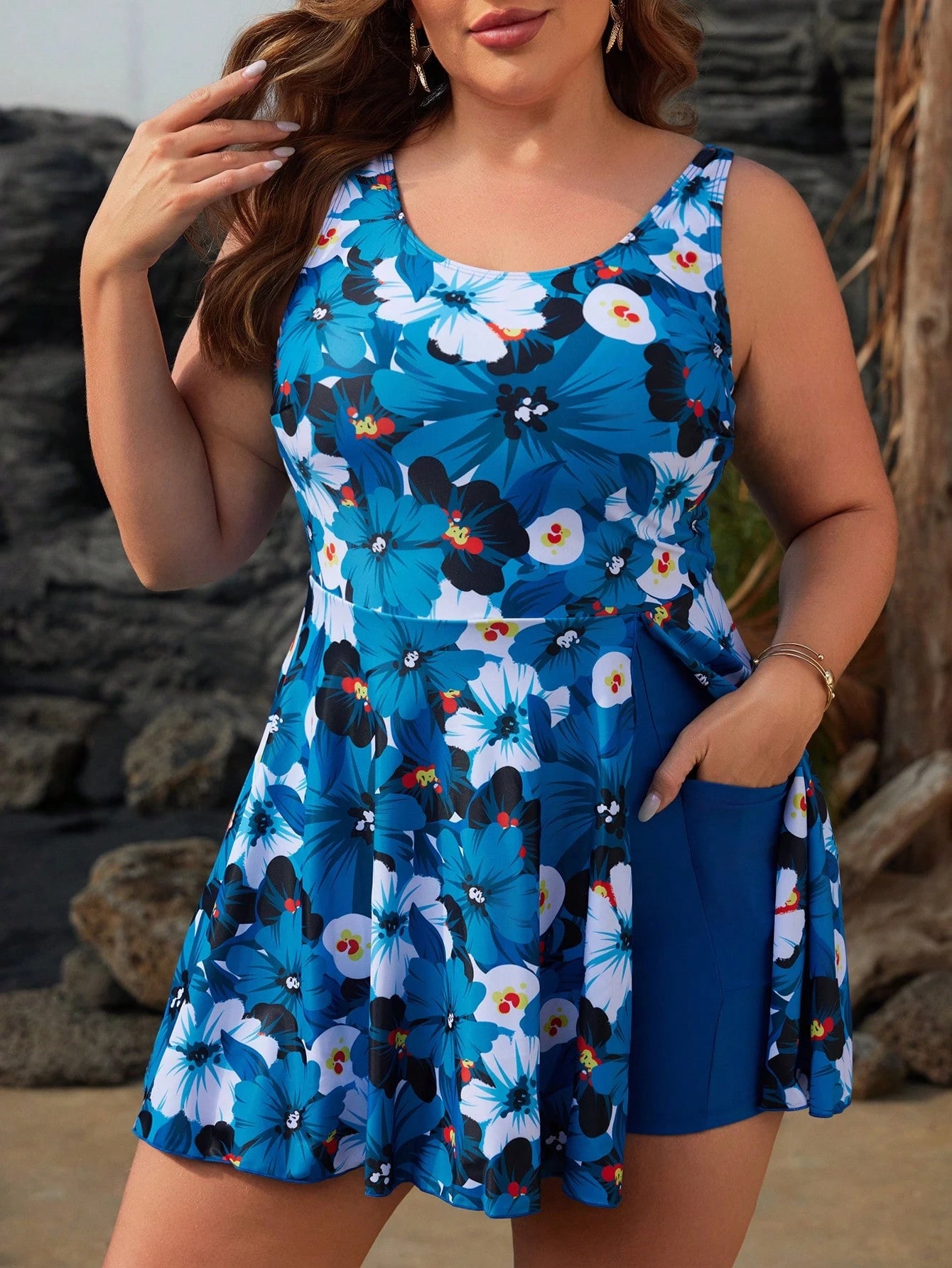 Swim Lushoire Plus Size Women's Summer Beach Beach Vacation Casual Boho Floral Print One-Piece Swimdress Light Blue