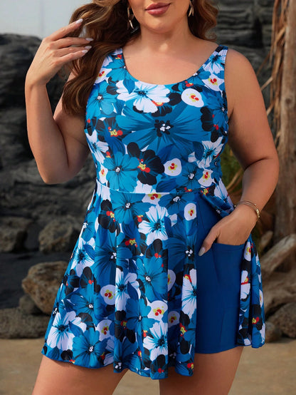Swim Lushoire Plus Size Women's Summer Beach Beach Vacation Casual Boho Floral Print One-Piece Swimdress Light Blue