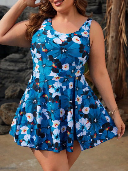 Swim Lushoire Plus Size Women's Summer Beach Beach Vacation Casual Boho Floral Print One-Piece Swimdress Light Blue