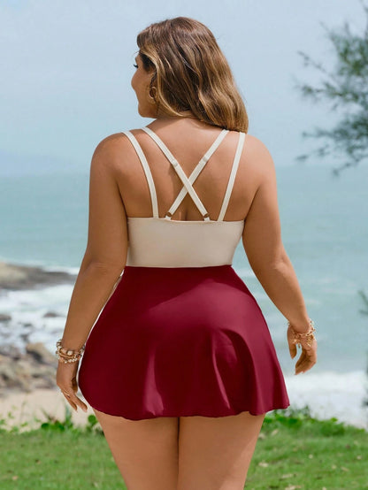 Swim Lushoire Plus Size Women's Three-Color Patchwork Criss-Cross Strap Swimdress With Swimshorts 2 Pieces Set