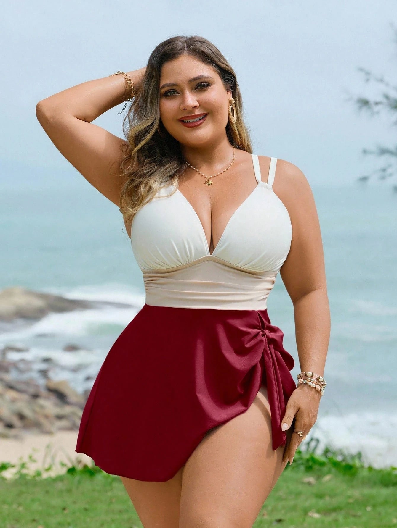 Swim Lushoire Plus Size Women's Three-Color Patchwork Criss-Cross Strap Swimdress With Swimshorts 2 Pieces Set