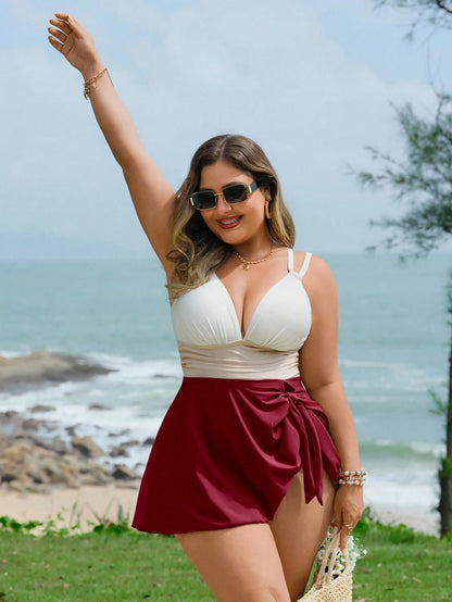 Swim Lushoire Plus Size Women's Three-Color Patchwork Criss-Cross Strap Swimdress With Swimshorts 2 Pieces Set