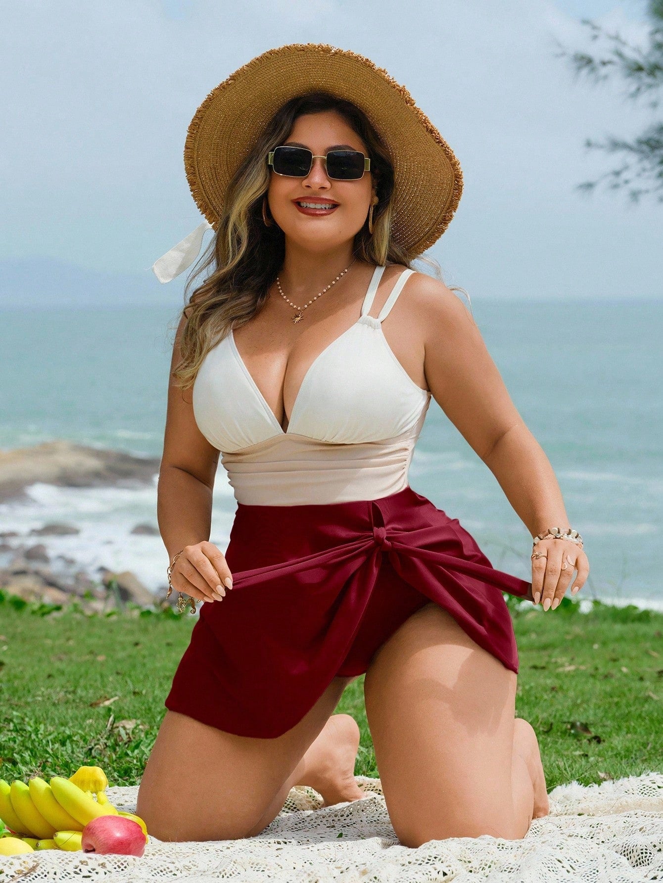 Swim Lushoire Plus Size Women's Three-Color Patchwork Criss-Cross Strap Swimdress With Swimshorts 2 Pieces Set