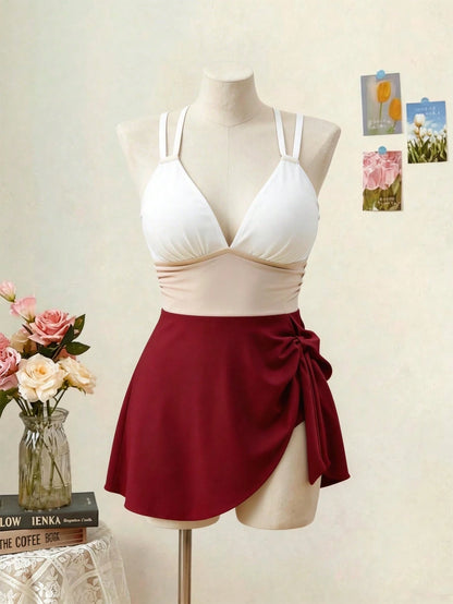 Swim Lushoire Plus Size Women's Three-Color Patchwork Criss-Cross Strap Swimdress With Swimshorts 2 Pieces Set