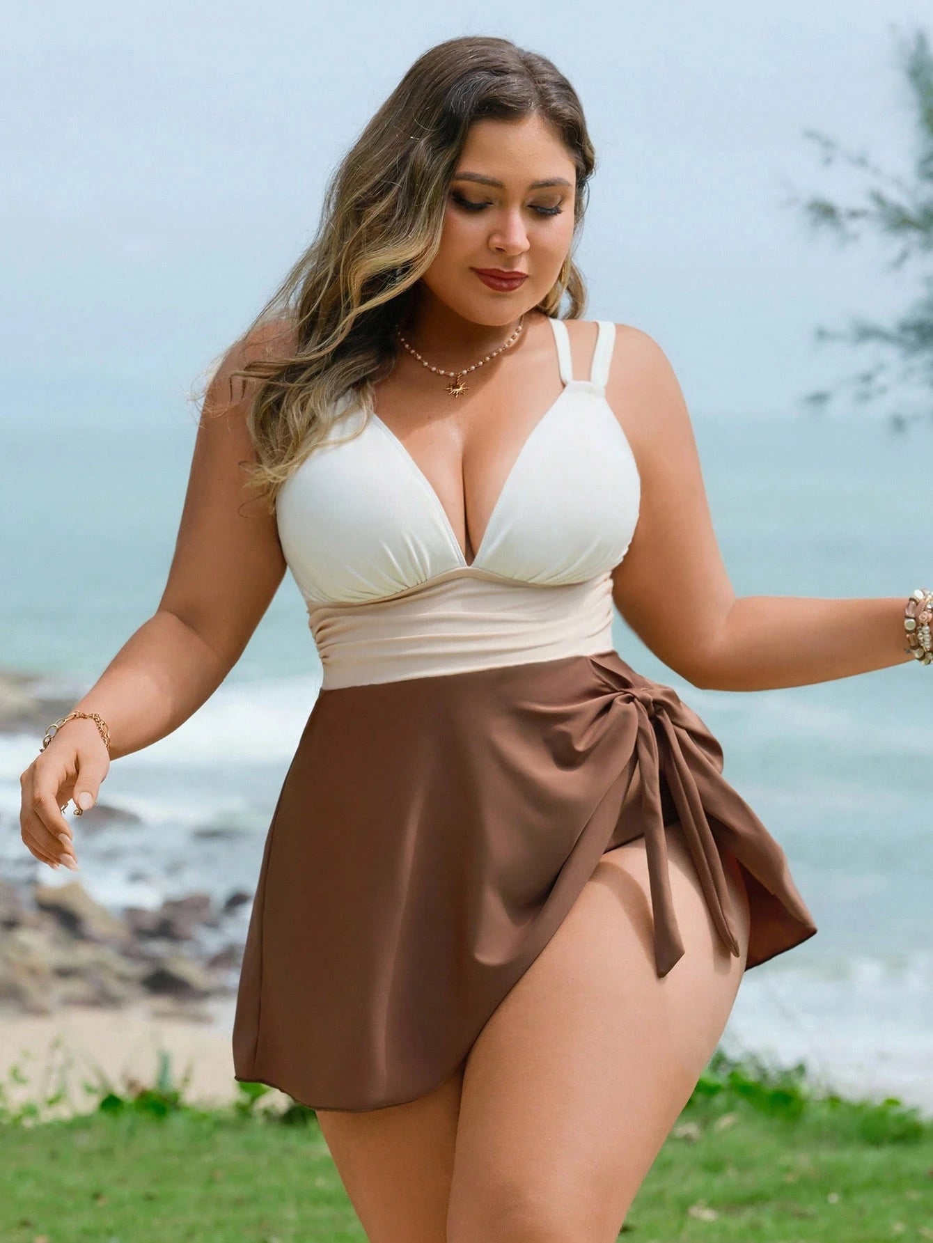 Swim Lushoire Plus Size Women's Three-Color Patchwork Criss-Cross Strap Swimdress With Swimshorts 2 Pieces Set