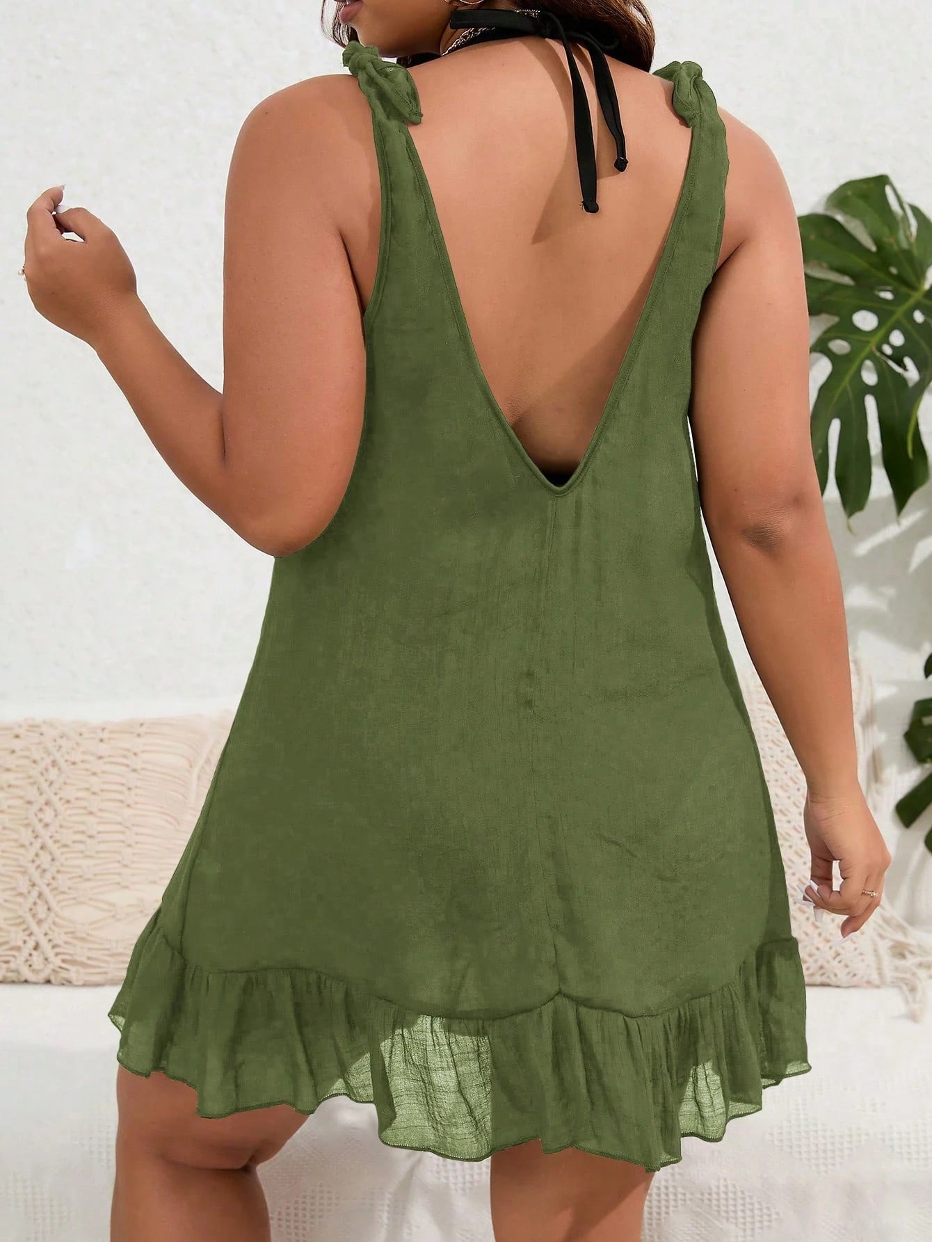 Swim Lushoire Plus Size Women Sleeveless Solid Color Loose A-Line Beach Cover-Up For Summer Beach Vacation