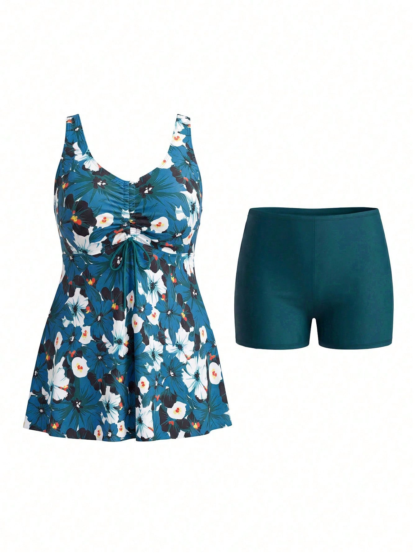 Swim Lushoire Plus Size Women Summer Beach Tropical Plant Print Drawstring Bust Halter Bikini Dress