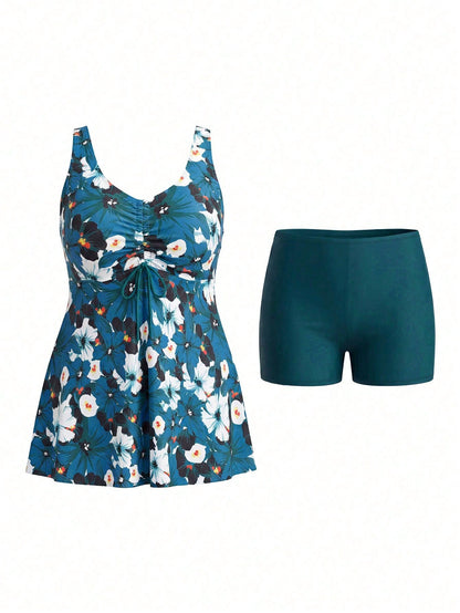 Swim Lushoire Plus Size Women Summer Beach Tropical Plant Print Drawstring Bust Halter Bikini Dress