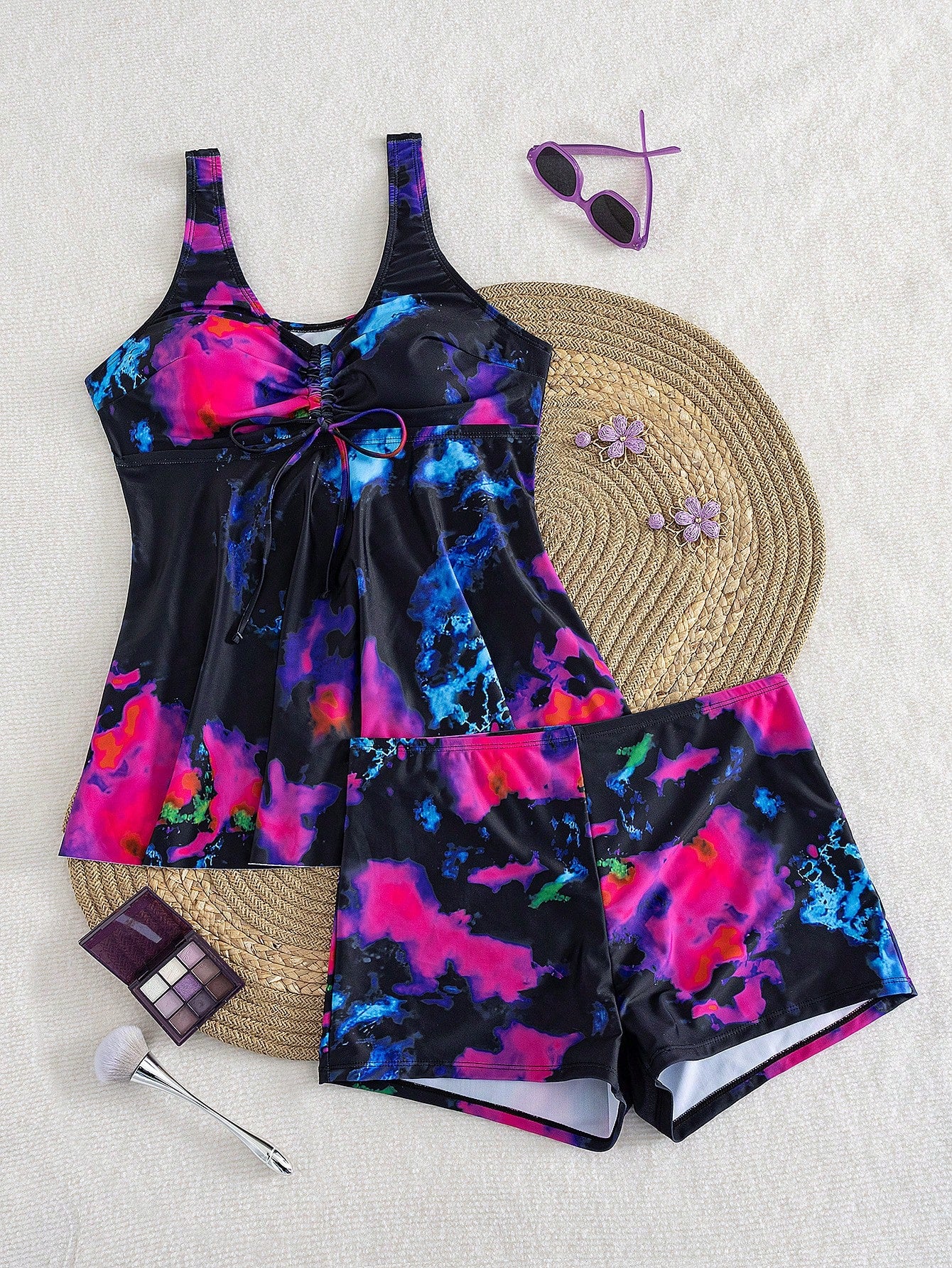 Swim Lushoire Plus Size Women Tie-Dye Print Ruffle Trim Tube Top & Shorts 2 Pieces Swimsuit, Casual Beach Holiday Graduation Travel For Summer Beach Vacation