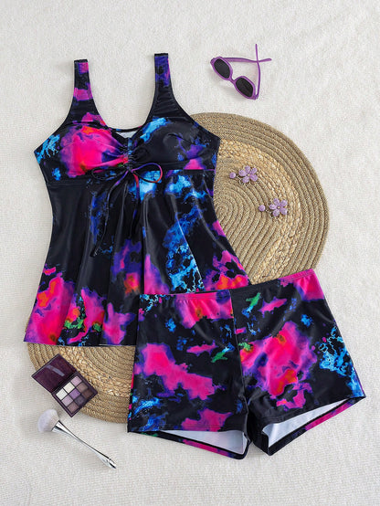 Swim Lushoire Plus Size Women Tie-Dye Print Ruffle Trim Tube Top & Shorts 2 Pieces Swimsuit, Casual Beach Holiday Graduation Travel For Summer Beach Vacation