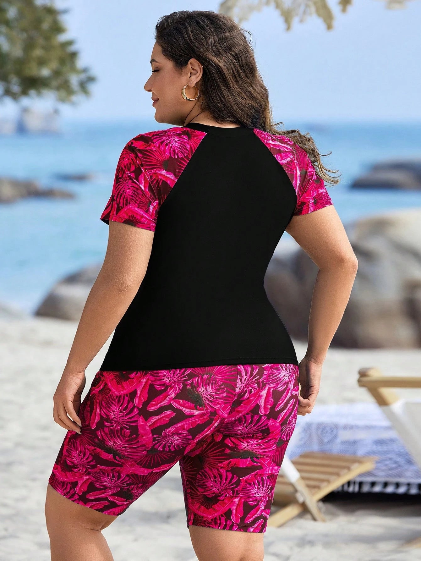 Swim Lushoire Plus Size Women Tropical Plant Print Patchwork Sleeveless Casual Tankini Swimwear Set