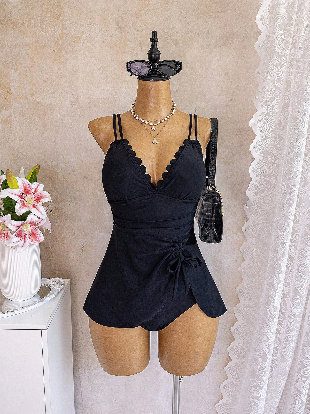 Swim Lushoire Summer 2026 Spring/Summer New European And American Style Sexy Black One-Piece Swimsuit For Women, Wavy Edge Deep V-Neck Double Thin Shoulder Straps, Waist-Cinching Ruched Sides With Dra