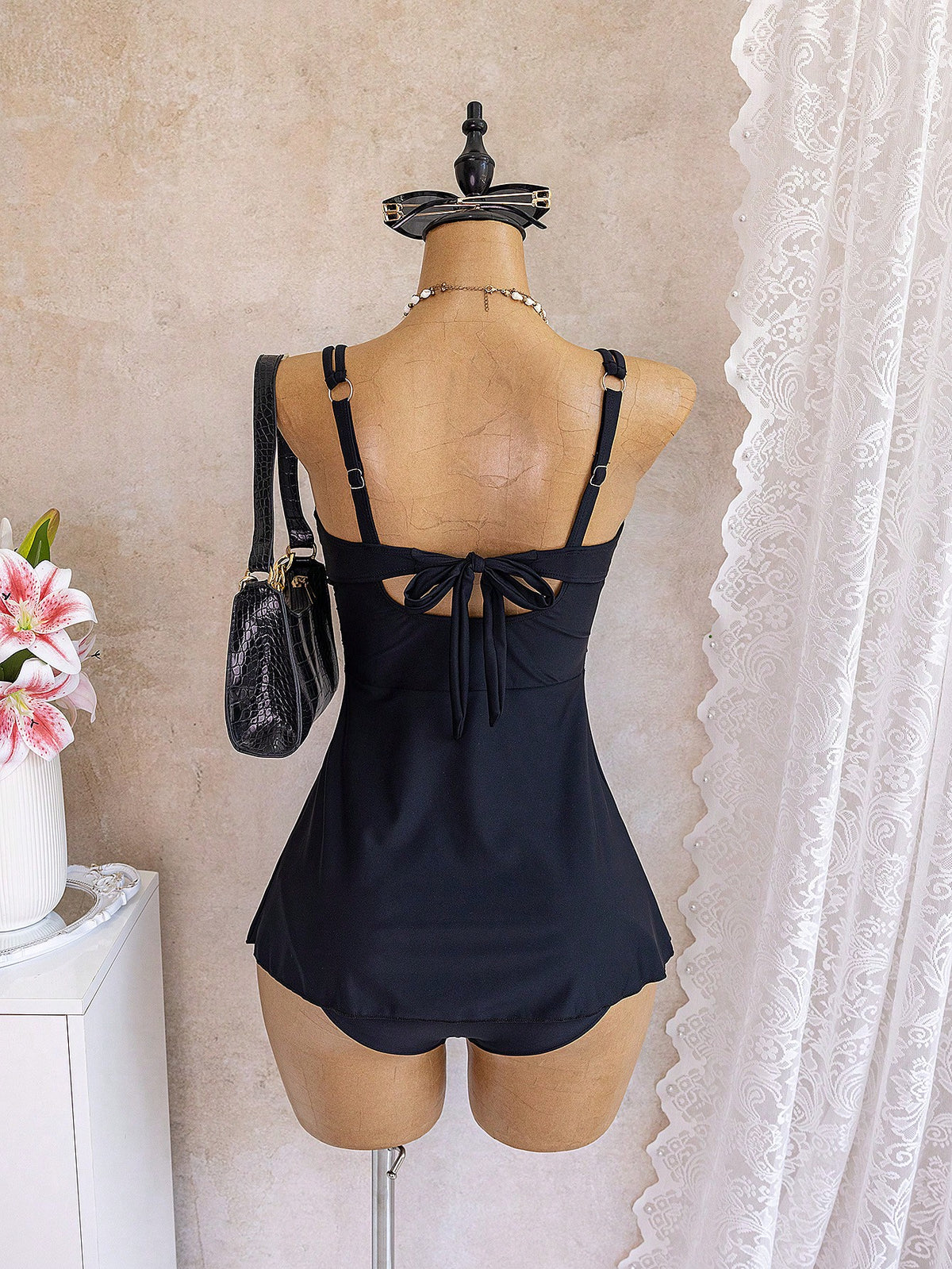 Swim Lushoire Summer 2026 Spring/Summer New European And American Style Sexy Black One-Piece Swimsuit For Women, Wavy Edge Deep V-Neck Double Thin Shoulder Straps, Waist-Cinching Ruched Sides With Dra