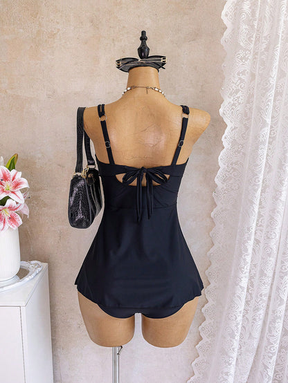 Swim Lushoire Summer 2026 Spring/Summer New European And American Style Sexy Black One-Piece Swimsuit For Women, Wavy Edge Deep V-Neck Double Thin Shoulder Straps, Waist-Cinching Ruched Sides With Dra