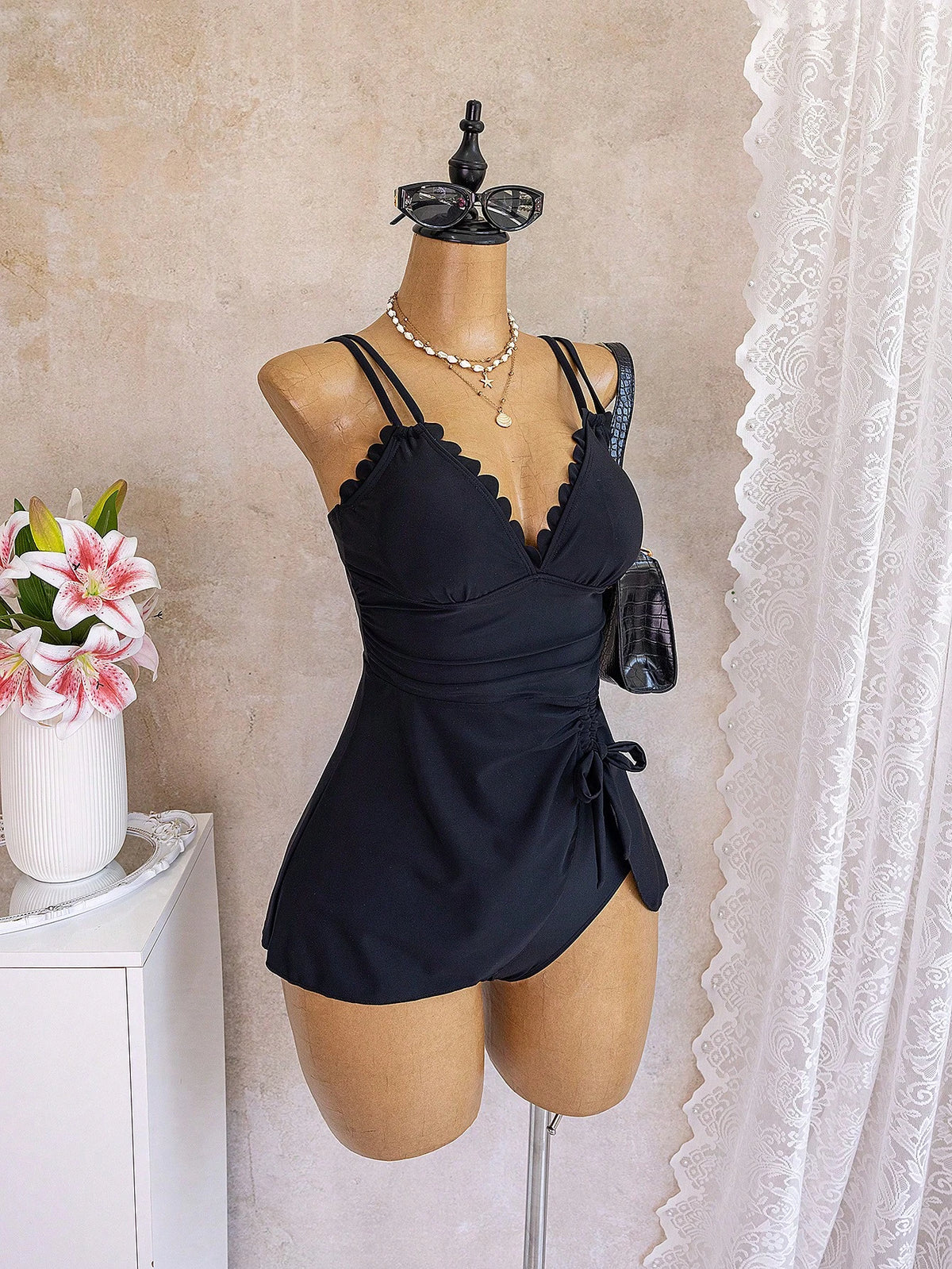 Swim Lushoire Summer 2026 Spring/Summer New European And American Style Sexy Black One-Piece Swimsuit For Women, Wavy Edge Deep V-Neck Double Thin Shoulder Straps, Waist-Cinching Ruched Sides With Dra