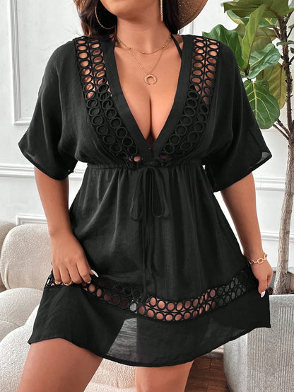 Swim Lushoire Summer Beach Fashionable Plus Size Women Solid Color Hollow Out Short Sleeve Cover Up