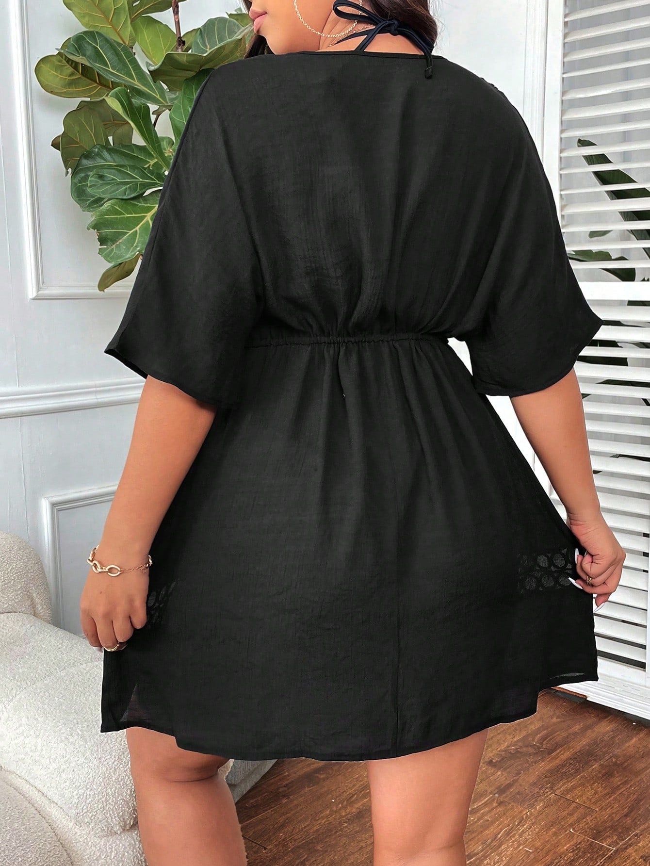 Swim Lushoire Summer Beach Fashionable Plus Size Women Solid Color Hollow Out Short Sleeve Cover Up