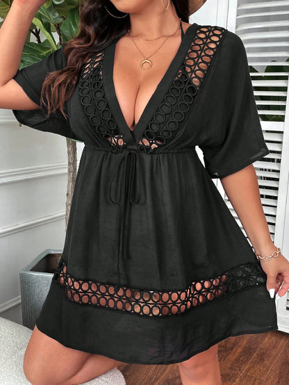 Swim Lushoire Summer Beach Fashionable Plus Size Women Solid Color Hollow Out Short Sleeve Cover Up