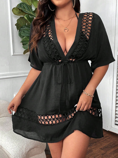 Swim Lushoire Summer Beach Fashionable Plus Size Women Solid Color Hollow Out Short Sleeve Cover Up