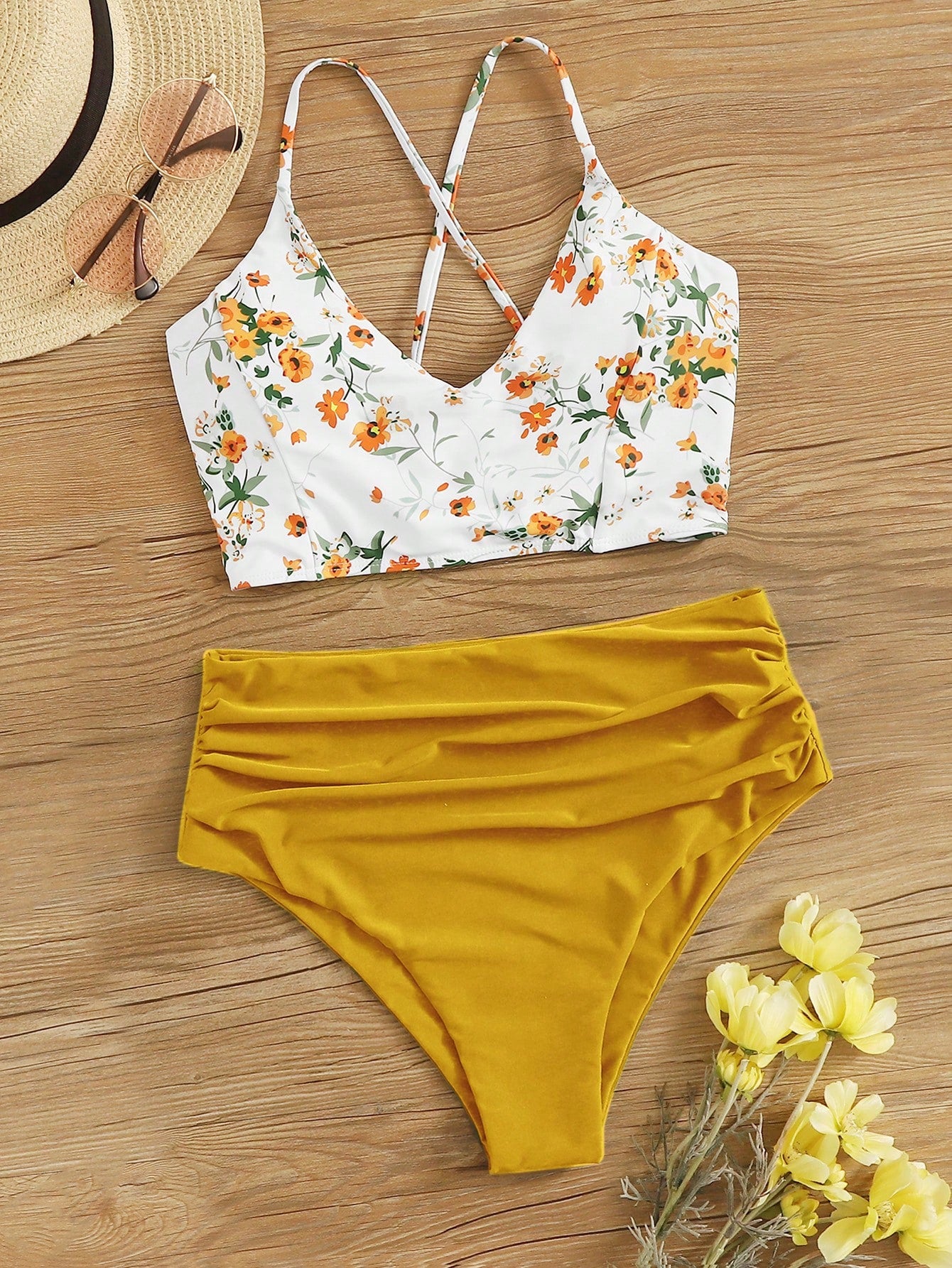 Swim Lushoire Summer Beach Floral Patchwork Print V-Neck Bikini Set, Bikini Set