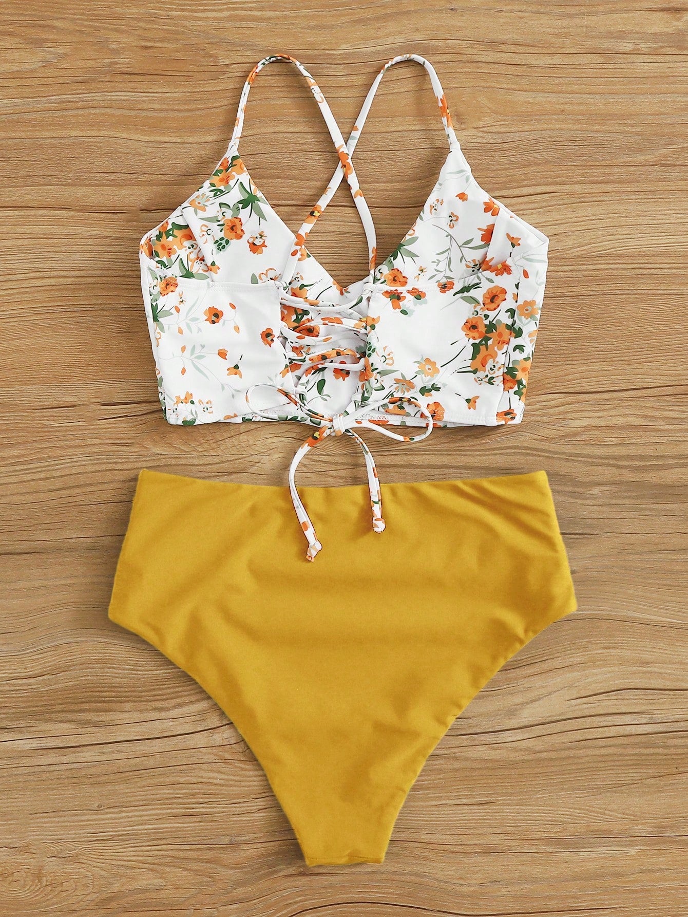 Swim Lushoire Summer Beach Floral Patchwork Print V-Neck Bikini Set, Bikini Set