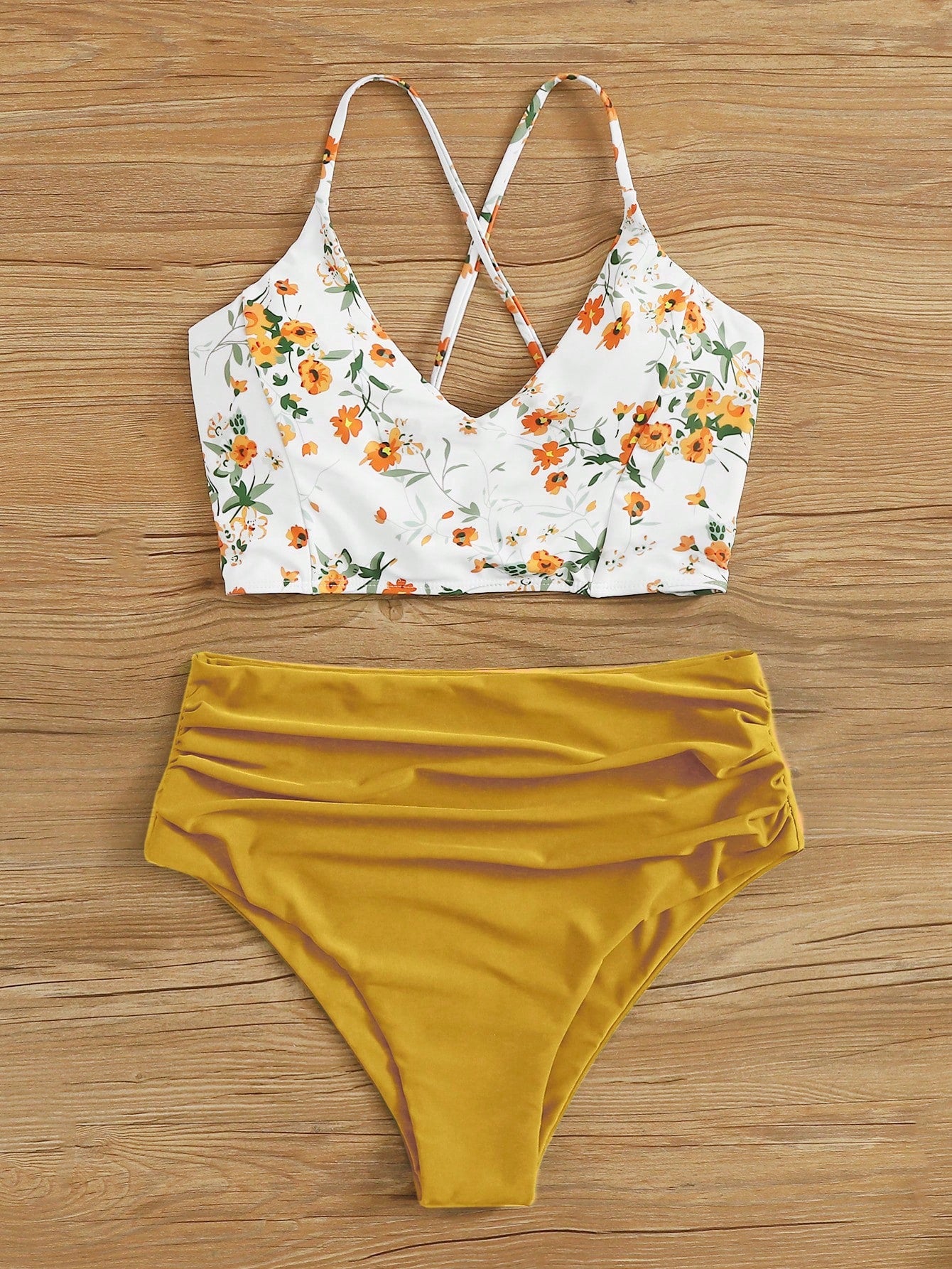 Swim Lushoire Summer Beach Floral Patchwork Print V-Neck Bikini Set, Bikini Set