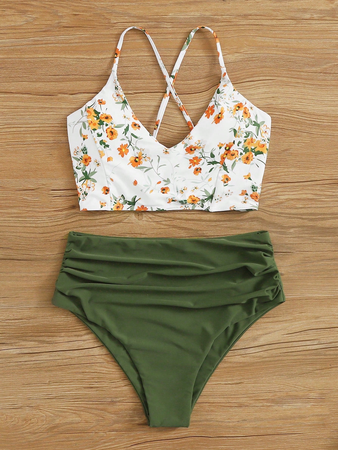 Swim Lushoire Summer Beach Floral Patchwork Print V-Neck Bikini Set, Bikini Set